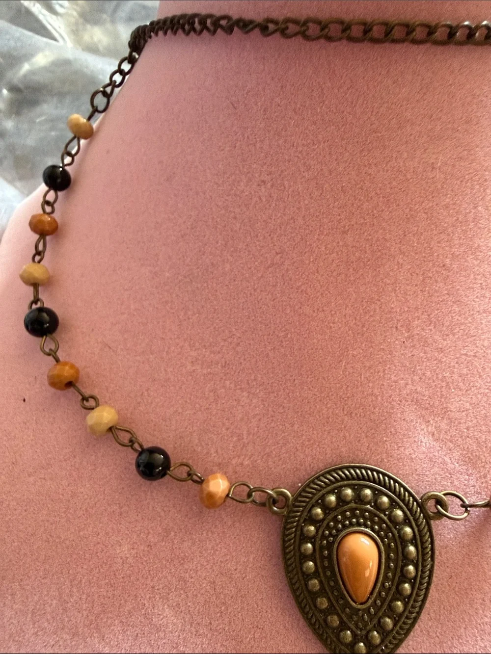 Boho Tassel Pendant Necklace in Amber and Black, 32”, 5” Tassel Drop, (J0118)